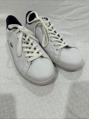 Lacoste White Leather Sneakers with Navy Collar and Green Logo